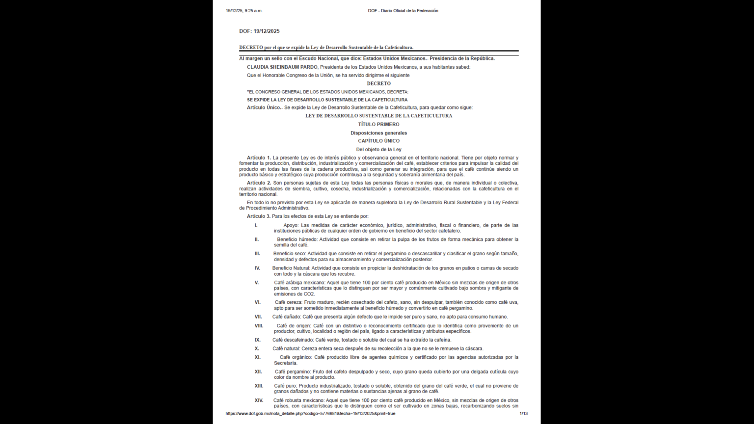 «Ley del Desarrollo Sustentable del Café» publicada en el Diario Oficial de la Confederación el 18 de Diciembre del 2025