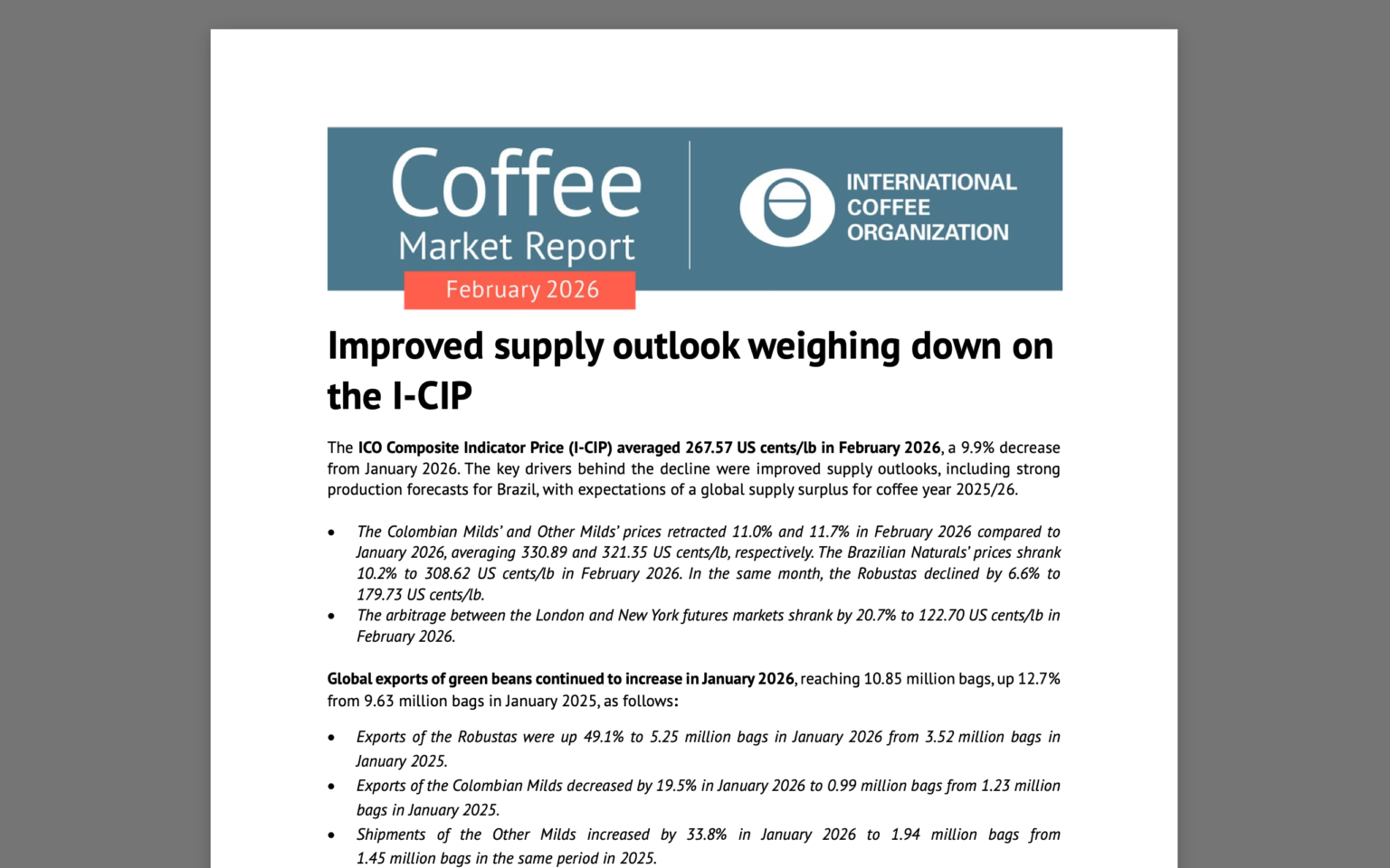 Reporte Mensual de Mercado de Café por la OIC Febrero 2025